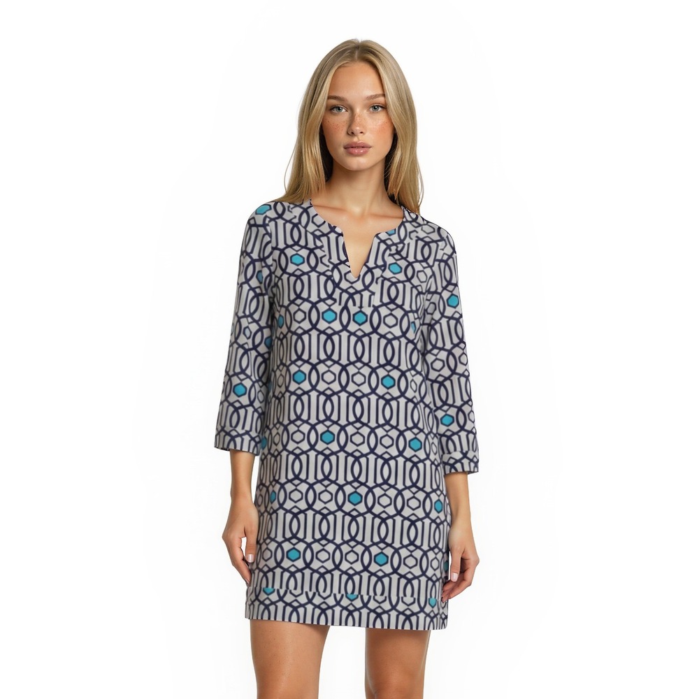 Jude Connally Shift Dress Women's Size XL Navy White Geometric 3/4 Sleeve